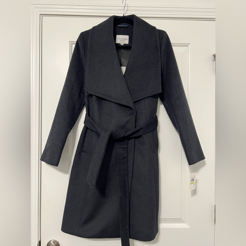 Cole Haan Wide Collar Belted Wool Blend Wrap Coat - Charcoal Size 4